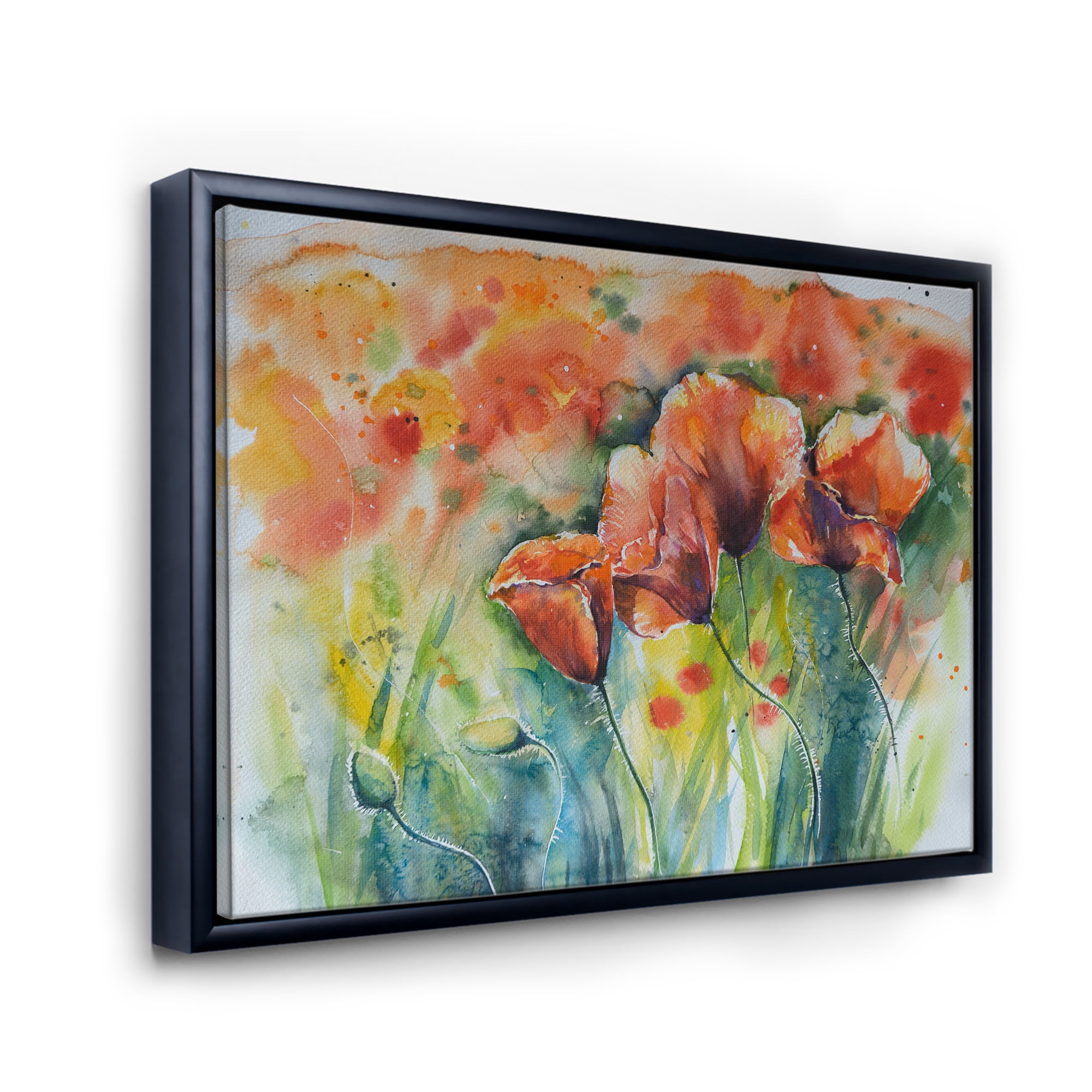 Designart 'Red Blossoming Poppies Over Wild Green IV' Traditional Framed Canvas Wall Art Print