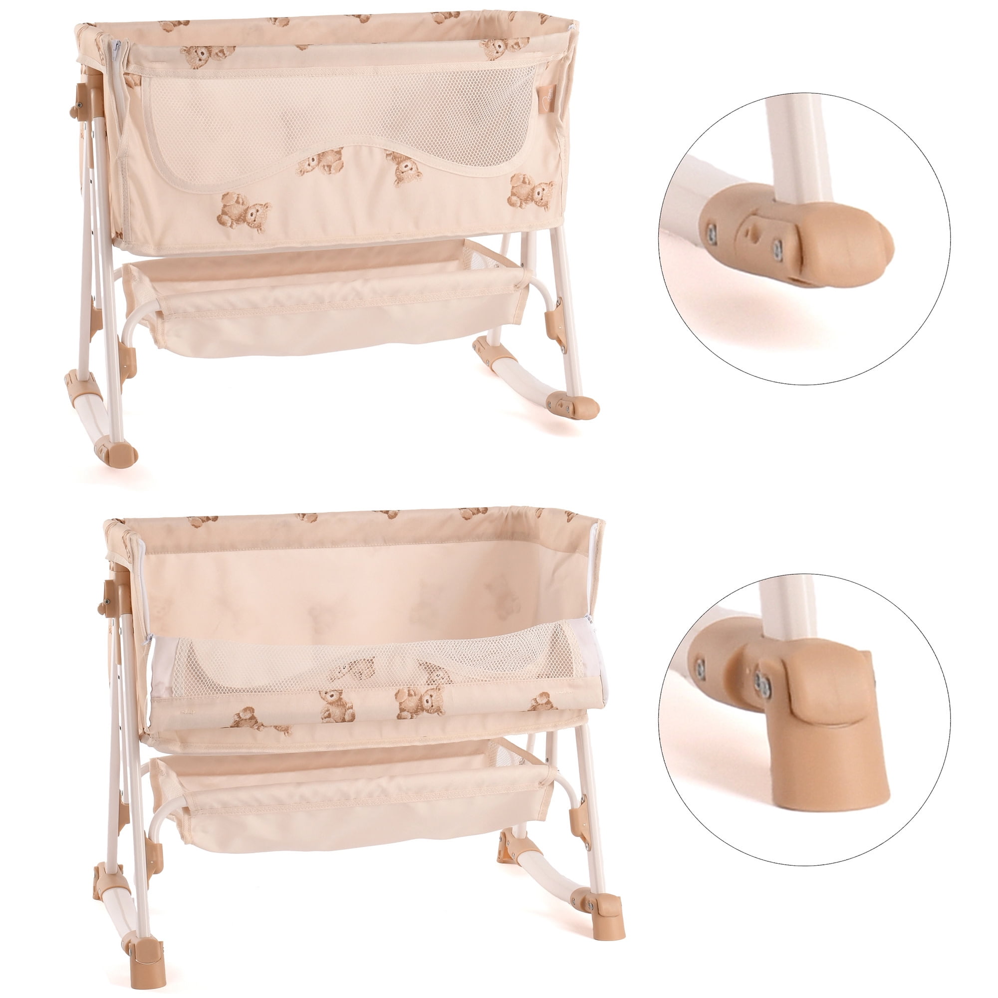 Roma Prams: Teddy Doll Bedside Crib - Beige & Bear, Rocking & Stationary, Bedtime Accessory, Adjustable Station Height, Storage, Roleplay Toy, Kids 3+