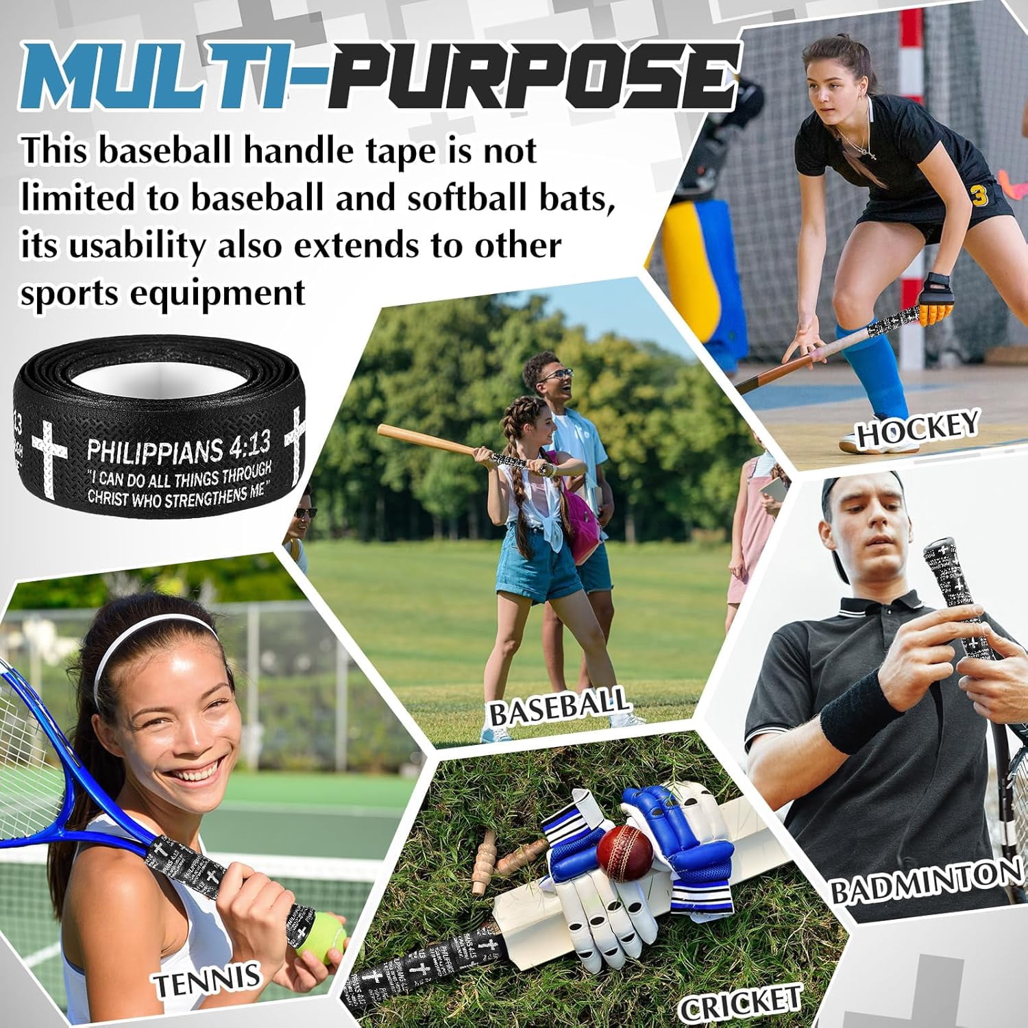 NestE-Christian Baseball Bat Grip Tapes 1.5mm Faith Cross Bat Grip Tape, Precut Full Adhesive Baseball Wrist Tape Scripture Design Non-Slip Religious Baseballs Grips Tapes