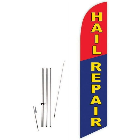 Cobb Promo Hail Repair Red/Blue Feather Flag with Complete 15ft Pole kit and Ground Spike