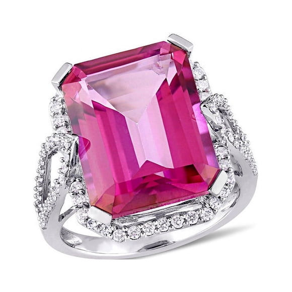 14 1/2 Carat (ctw) Pink Topaz Ring in 14K White Gold with Diamonds