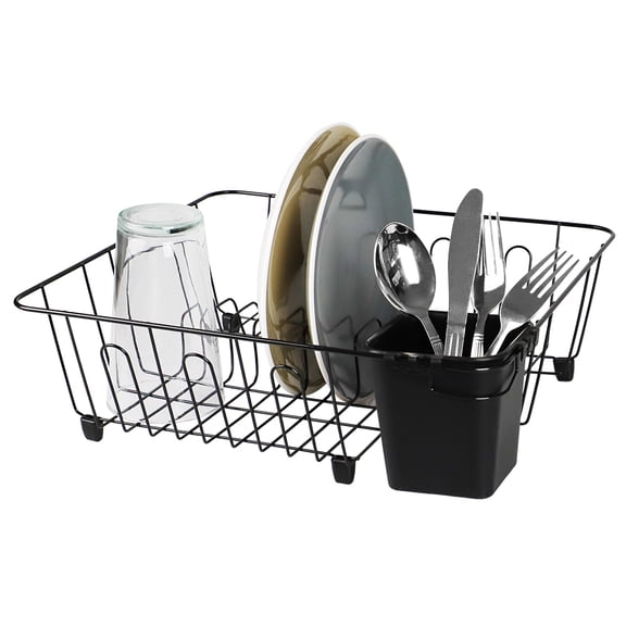 Home Basics Small Vinyl Coated Wire Dish Rack with Utensil Holder, Black