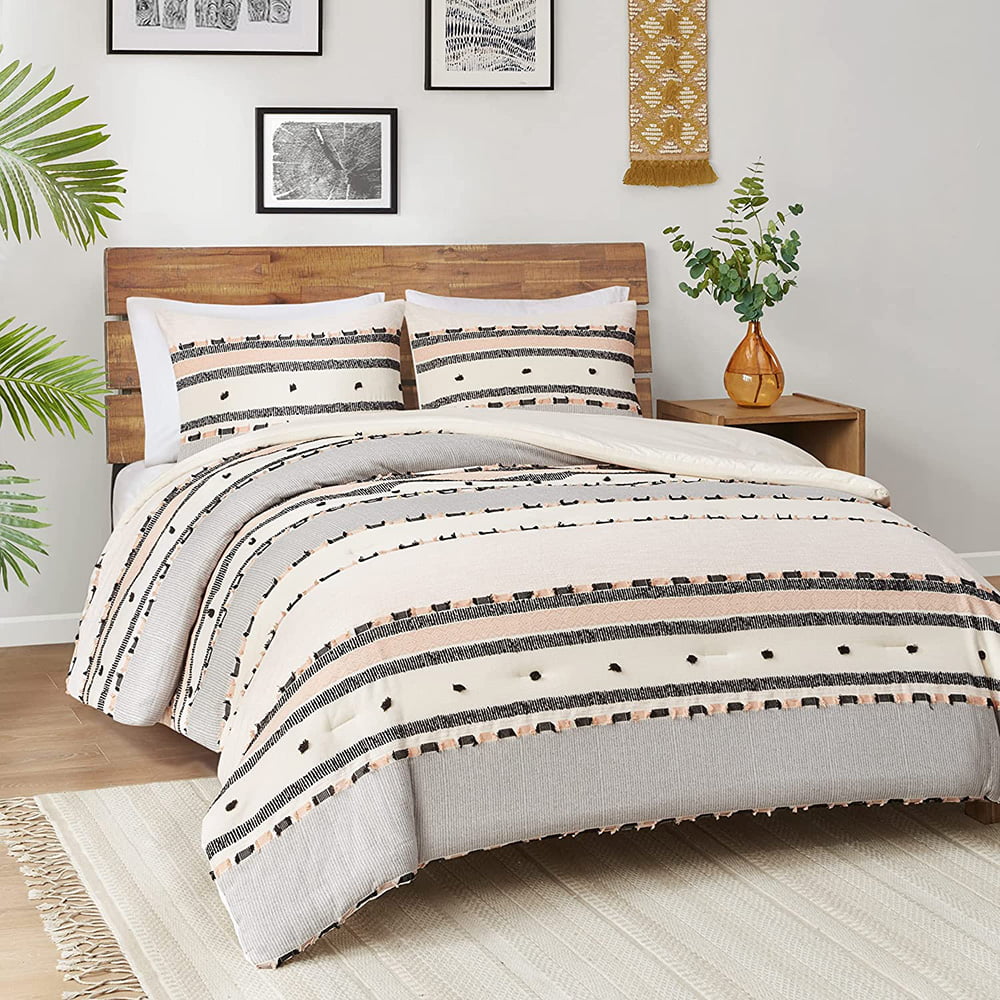 PHF 100% Cotton Jacquard Duvet Cover Set Queen Size, 3pcs Boho Textured  Comforter Cover Set, Yarn-Dyed Farmhouse Duvet Cover with Pillow Shams Bed  イベント、販促用