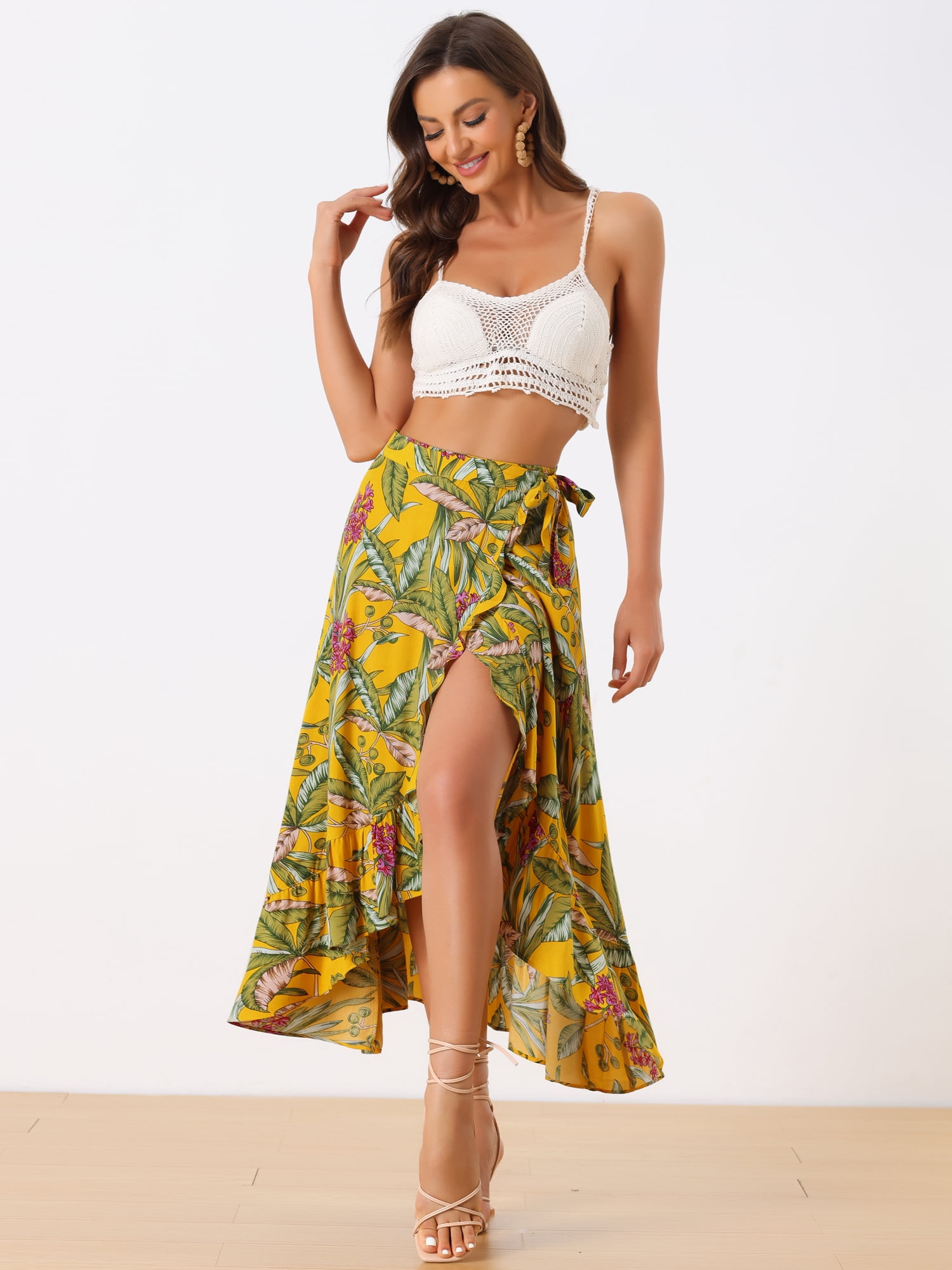 DARING DIVA Women's Ruffle Self Tie Knot Split Beach Wrap Midi Skirt M Yellow