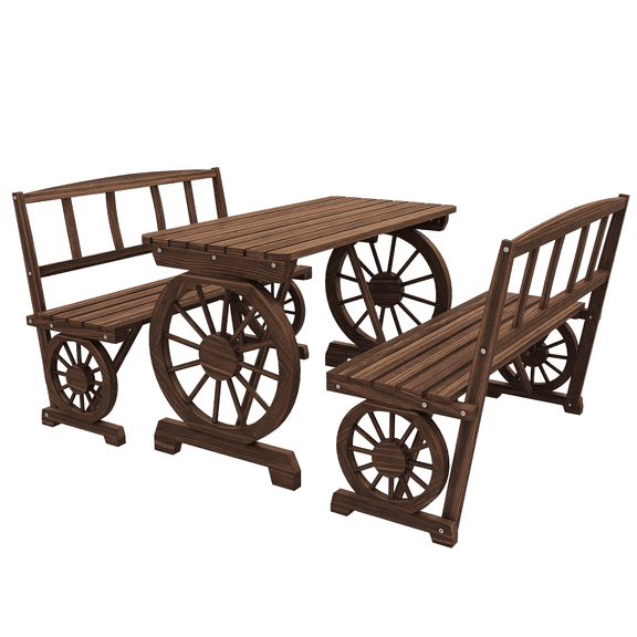 3 Piece Wooden Patio Dining Set, Outdoor Table and Bench for 4, All-Weather Furniture with Wagon Wheel Design, Carbonized