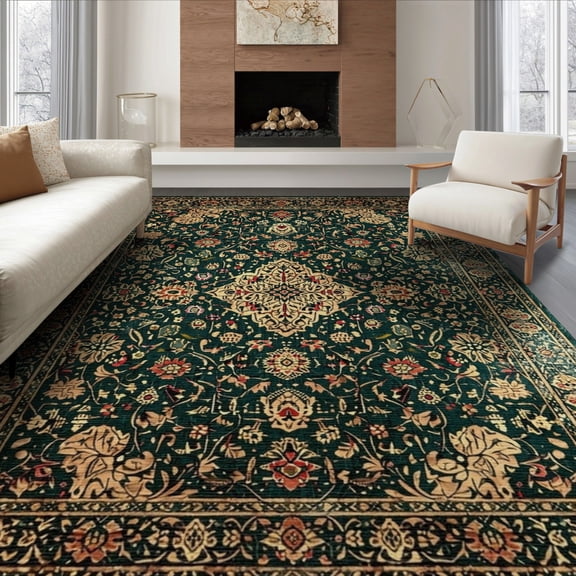 ODIKA 8'x10' Washable Area Rug Non-Slip Chair-Friendly Mat Boho Distressed Vintage Scrollwork Border Decorative Tone Retro for Dining Room, Large Office, Lounge