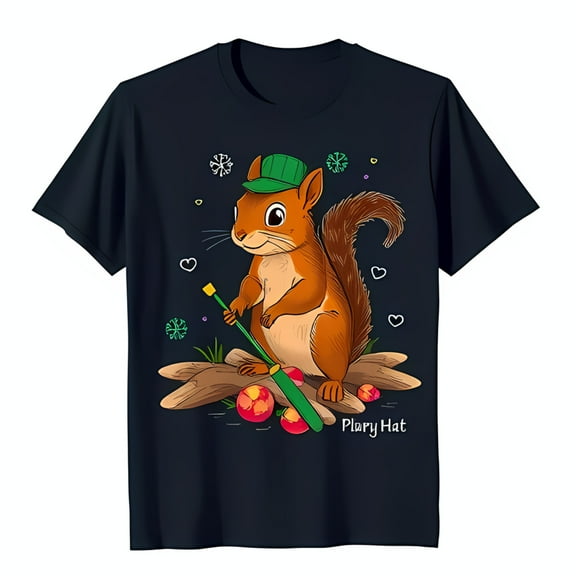 Cool Black T-Shirt with Cartoon Squirrel in Green & Branch Graphic