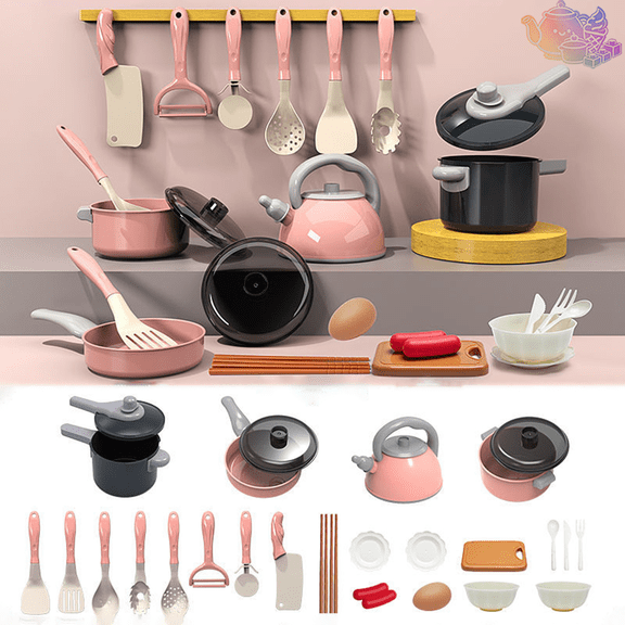 28pcs Kids Pretend Kitchen Cookware Playset with Kettle, Pots, Pans, Cooking Utensils and Simulation Food, Cooking Pretend Play House Toys, Little Chef Role Play Toy for Kids Ages 3 and Up