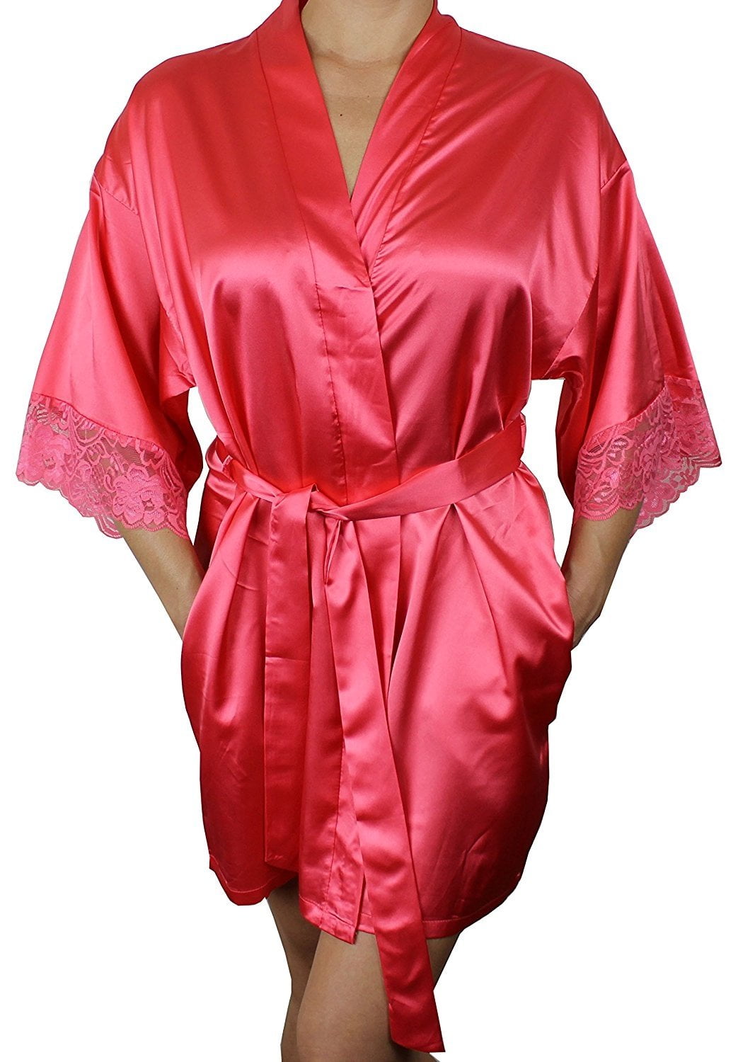 Ms Lovely Women's Satin Kimono Bridesmaid Silky Short Robe Lace Trim