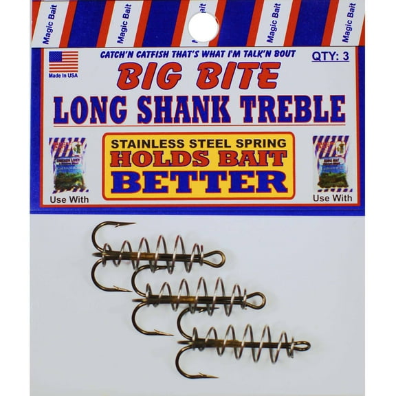 Magic Bait Long Shank Treble SS Spring Catfish Dough Bait Fishing Hook, 3ct