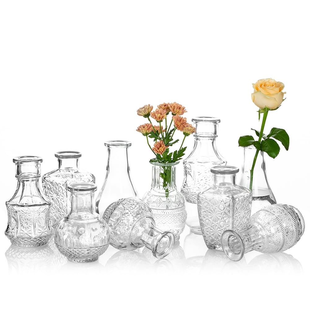 Set of 4 Small Smokey Grey And Pink Ridged Glass vases 