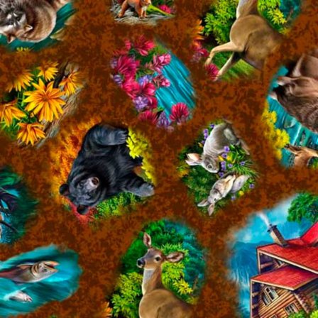 Brookside Lodge Animal Vignettes Brown Cotton Fabric