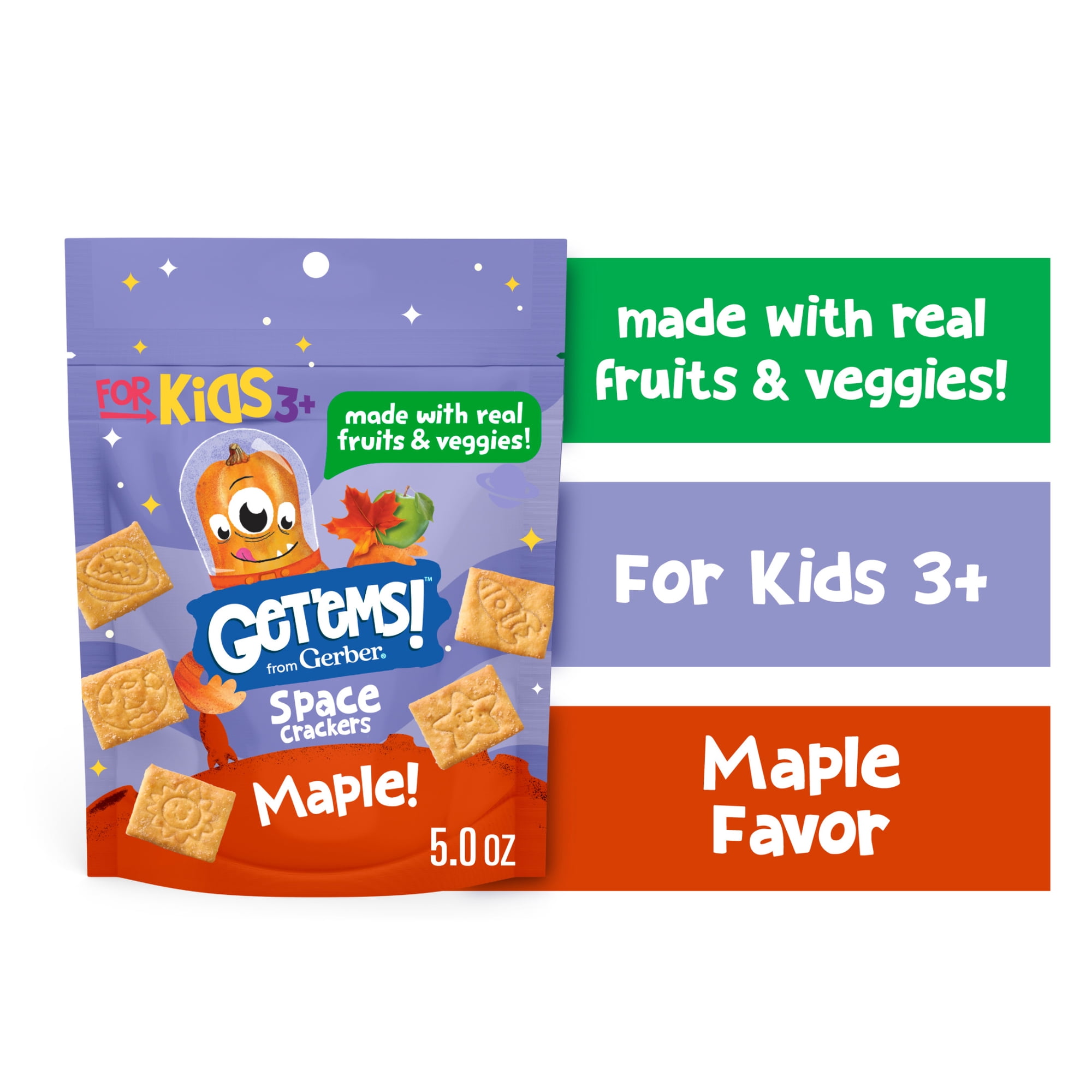 Get'ems from Gerber Maple Flavor Snack Crackers, Kids Snack Made with Real Veggies & Fruits, Iron & Vitamin E