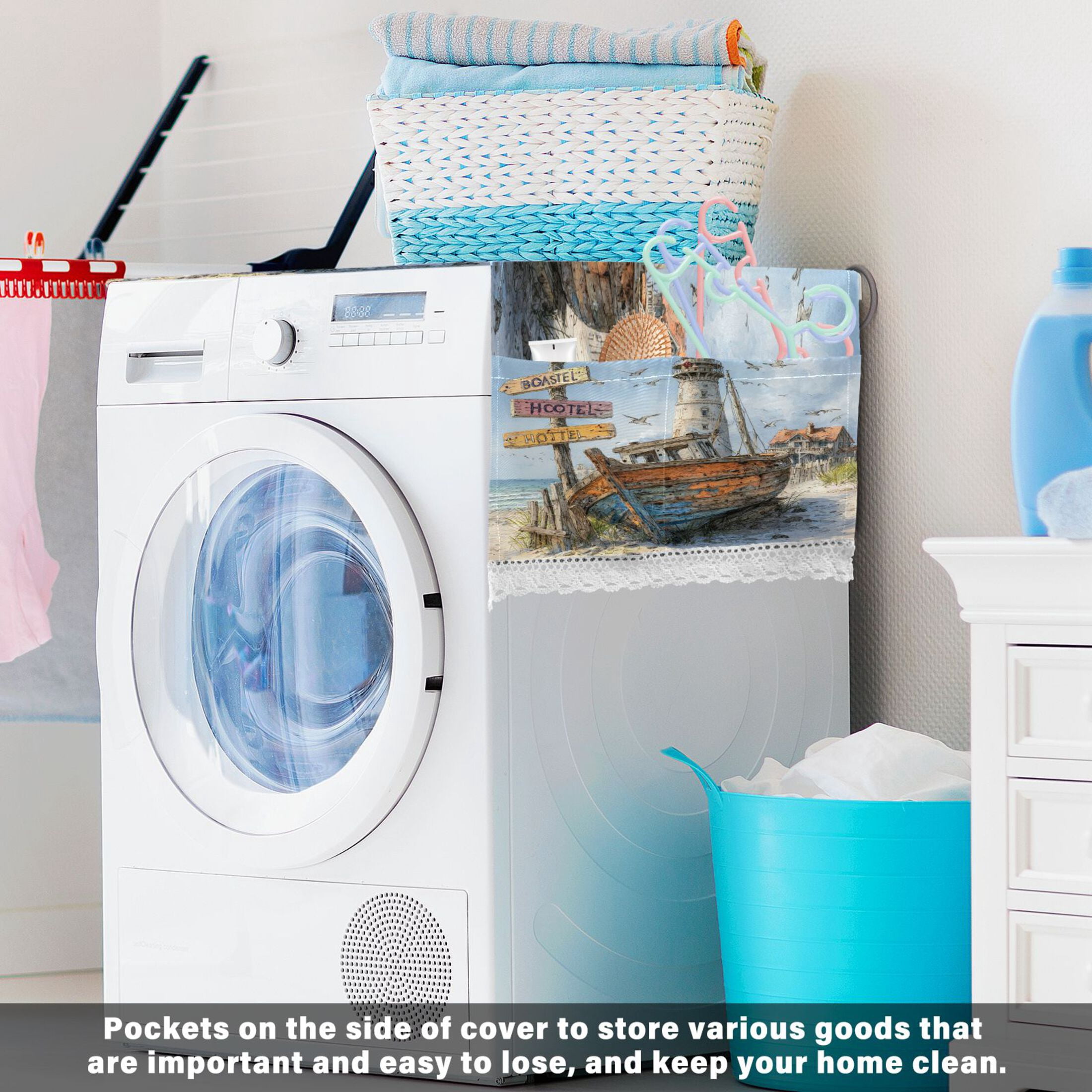 Wobogo Abandoned Vintage Boat Washing Machine Cover Dustproof Washer Dryer Cover Waterproof Laundry Room Decorative Protector