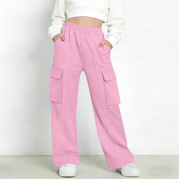 Xdegoge Girls Cargo Sweatpants High Waisted Wide Leg Baggy Comfy Child Trousers with Pockets Casual Lounge Athletic Joggers for Workout Everyday