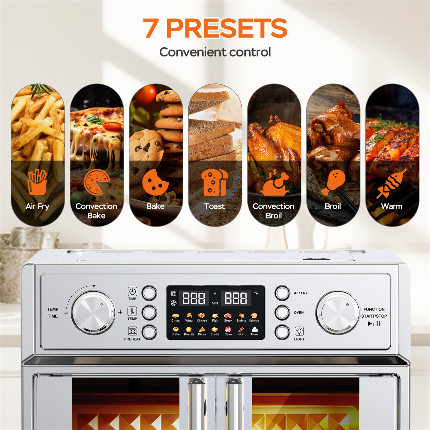 Plum Chef 27.5-Quart French Door Air Fryer Toaster Oven, 14-in-1 Combo Stainless Steel Countertop Oven with Digital Display & Dual Knobs, Silver