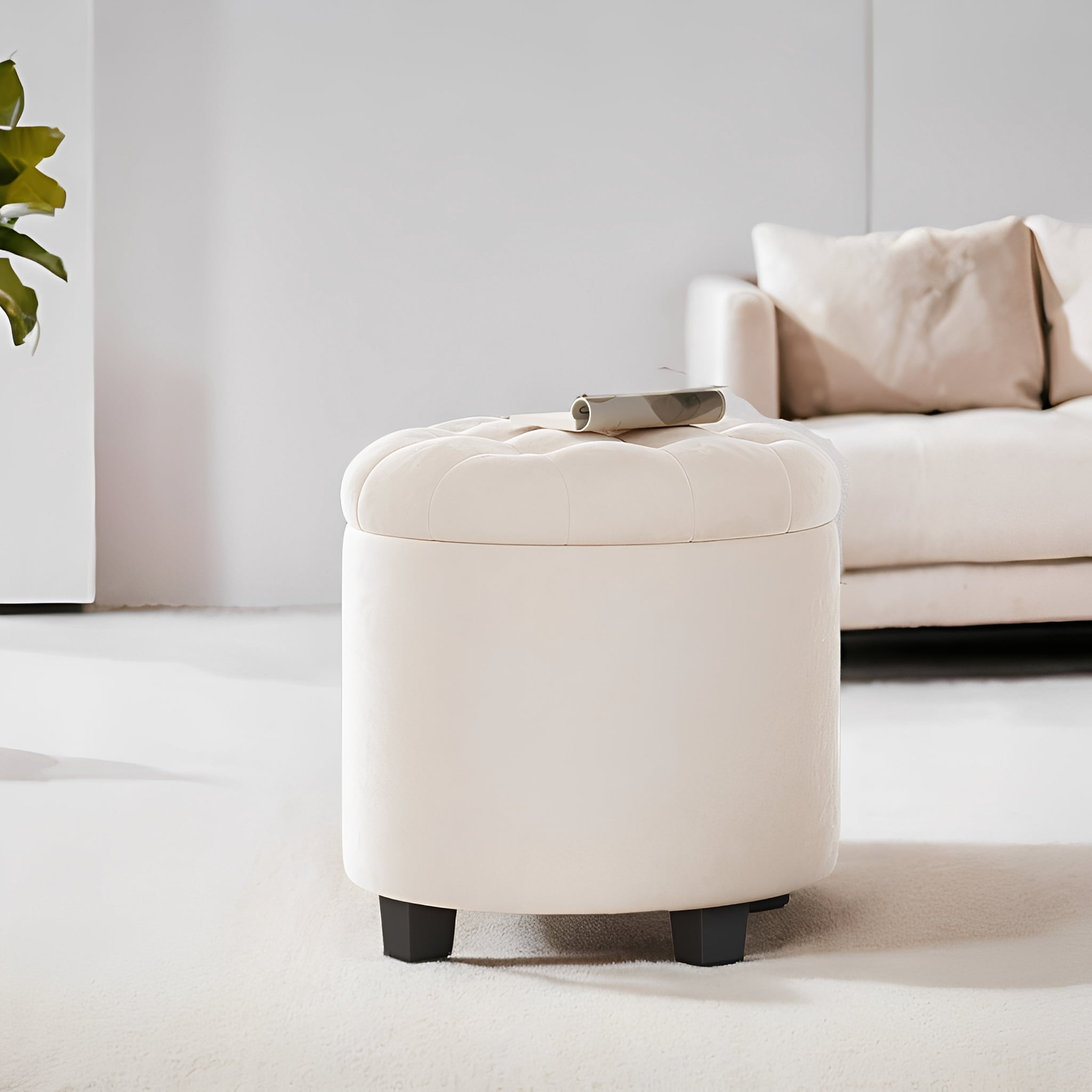 LEDREM Round Velvet Storage Ottoman - 17.7" Foot Rest Stool with Hidden Compartment, 330lb Capacity, for Living Room, Bedroom, Dorm, Cream White