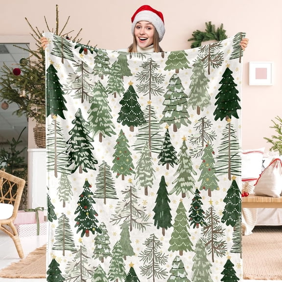 Christmas Tree Fuzzy Blanket Watercolor Green Forest Soft Throw Blanket for Winter Home Chair Sofa Bed Warm and Cozy for All Seasons, Christmas Gift, Holiday Blanket for Mom Dad