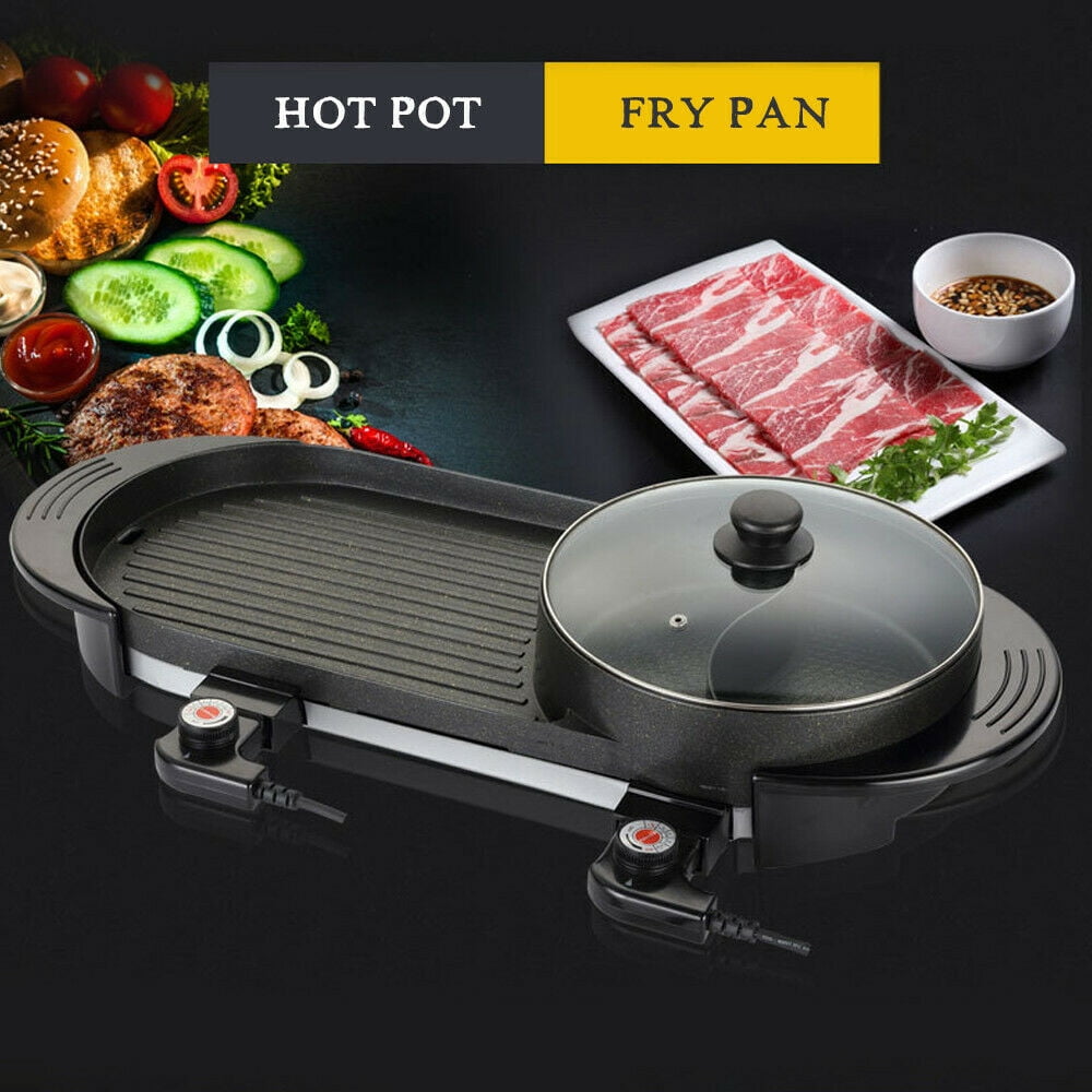 Zhengyun 2 in 1 Electric Hotpot BBQ Grill Non-Stick Smokeless BBQ Shabu Shabu Pot with Divider Portable Electric Grill with Hot Pot Indoor Korean BBQ Grill Capacity for 3-5 People 