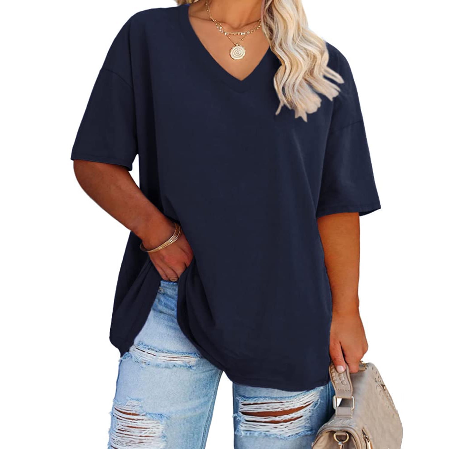 Ptaesos Women's Plus Size V Neck T Shirts Summer Half Sleeve Oversized ...
