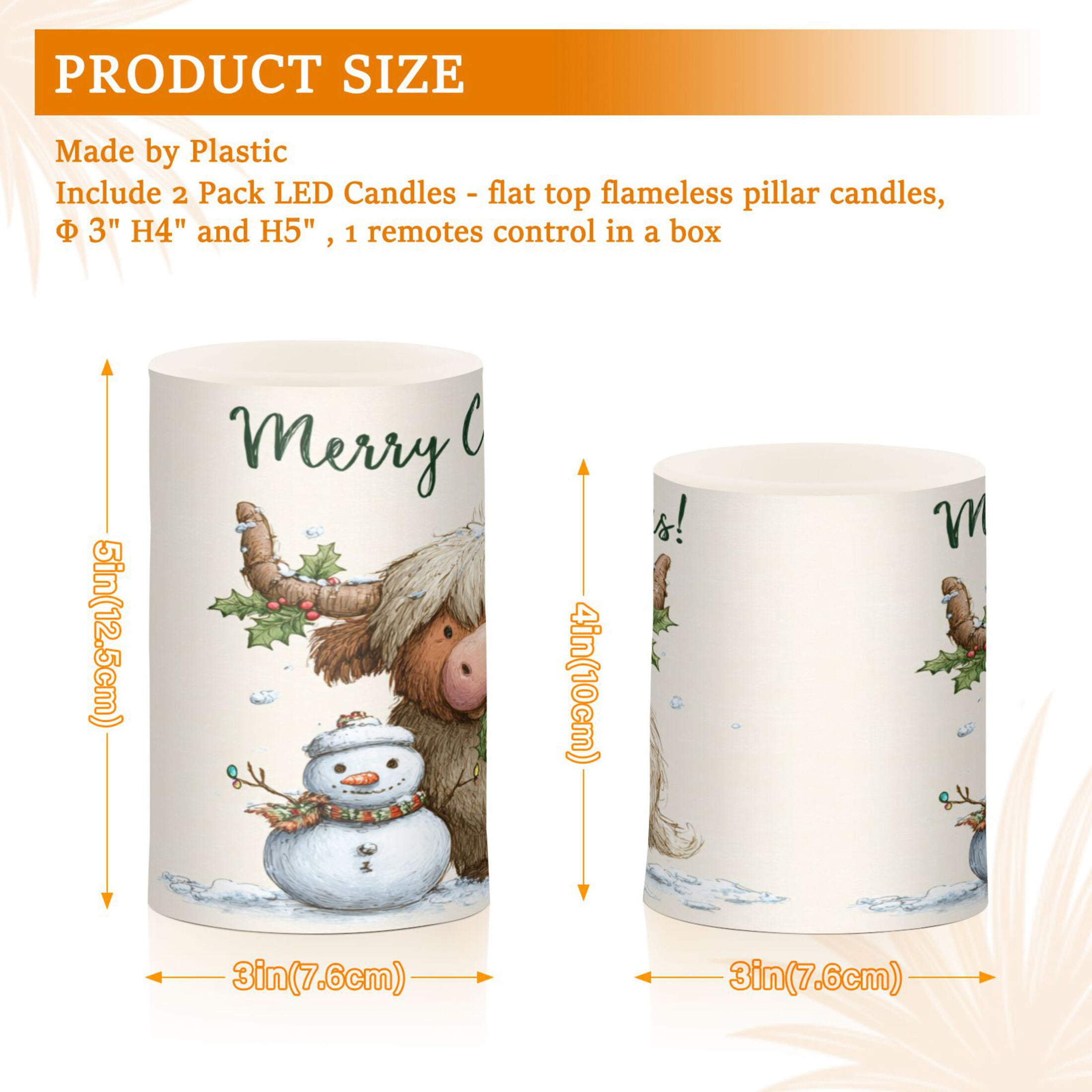 2 PCS LED Flicker Flameless Candle with Remote Control Realistic 3D Wick LED Window Decoration Candle Set for Wedding Table Home Decor Favors Christmas Highland Cow