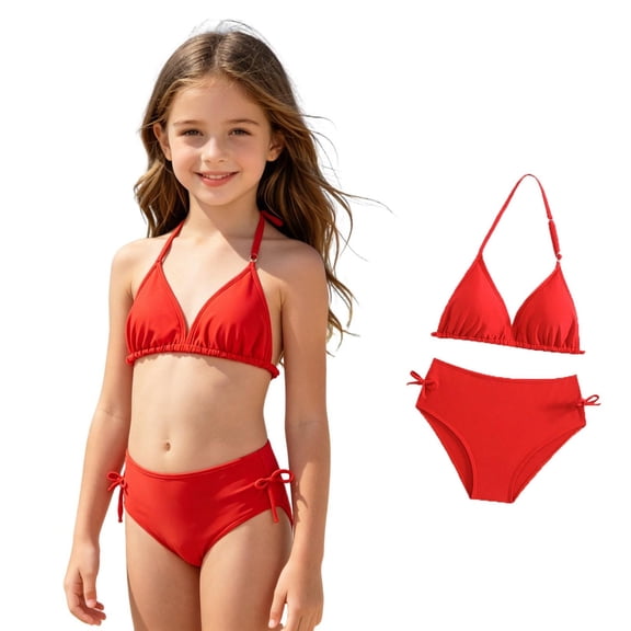 XINXIAOO Girls Halter Triangle Bikini Two Piece Swimsuit Solid Red Side Tie Quick Dry Bathing Suit Summer Swimwear for Kids Girls 11-12 Years