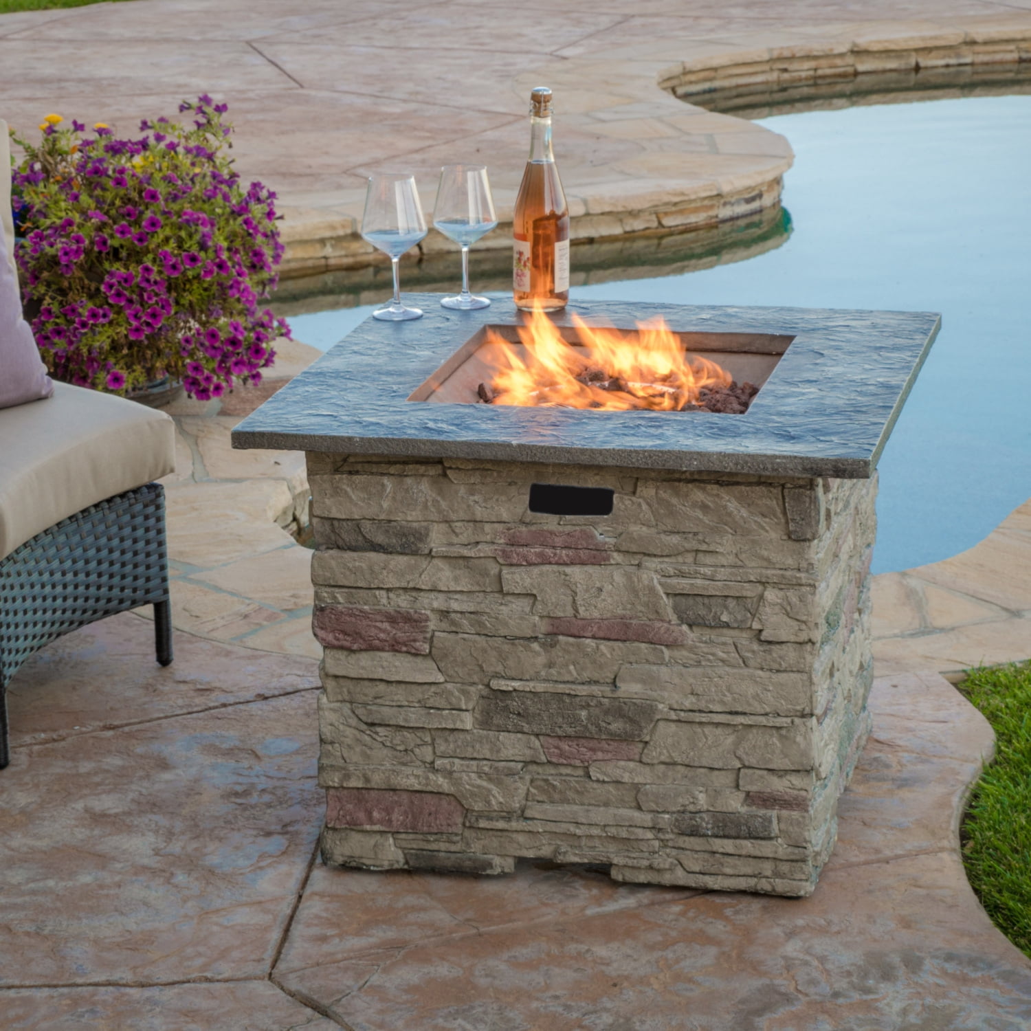 Lisonu 32" Stone Square MGO Propane Fire Pit Table, 40,000 BTU Outdoor Gas Firepit with Grey Top & Tank Storage, Lightweight Concrete, No Assembly, for Patio & Backyard Gatherings