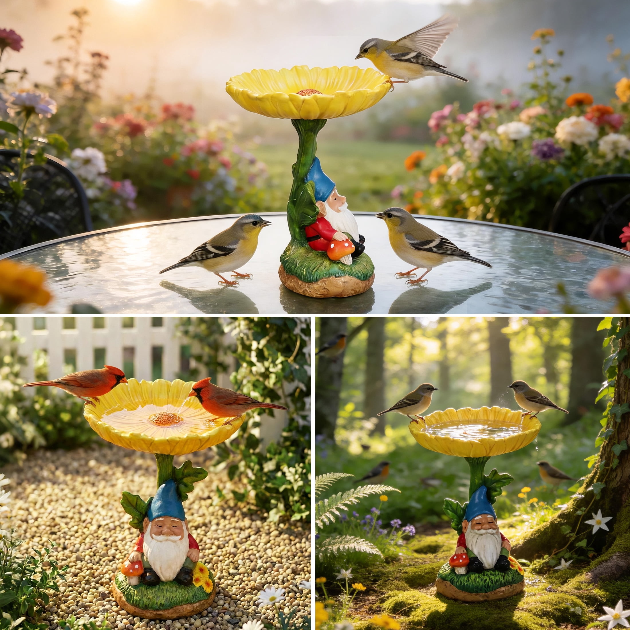 The Growing Ground Daisy Gnome Bird Feeder, Resin Garden Statue with Flower Bowl for Outdoor Patio Decor, Yellow