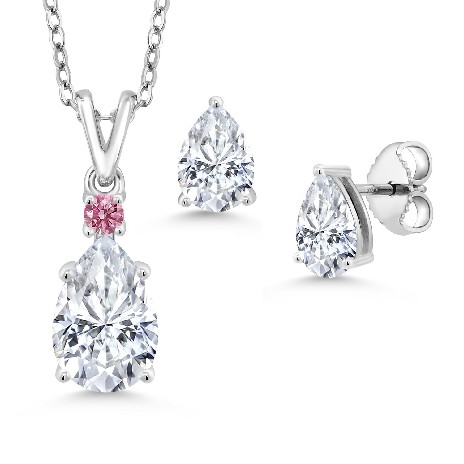 925 Sterling Silver White Moissanite and Pink Lab Grown Diamond Pendant and Earrings Jewelry Set for Women (3.37 Cttw, Gemstone Birthstone, Pear Shape 10X7MM and 7X5MM, with 18 inch Chain)