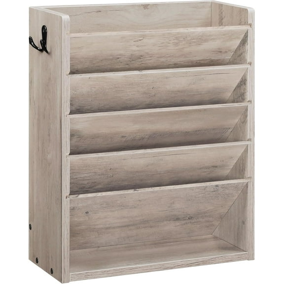 Wall File Organizer, 6-Tier Vertical Mount Hanging Holder with 2 Side Hooks, Modern Wooden Magazine Storage Holder with Bottom Tray, Desk Organizer, for Office, Home, Greige