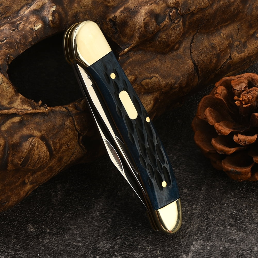 Dual Blades Hand Forged Folding Knife, Blue Cow Bone Handle Heavy Duty EDC Survival Gear for Camping Hiking, Gift for Outdoor Enthusiasts