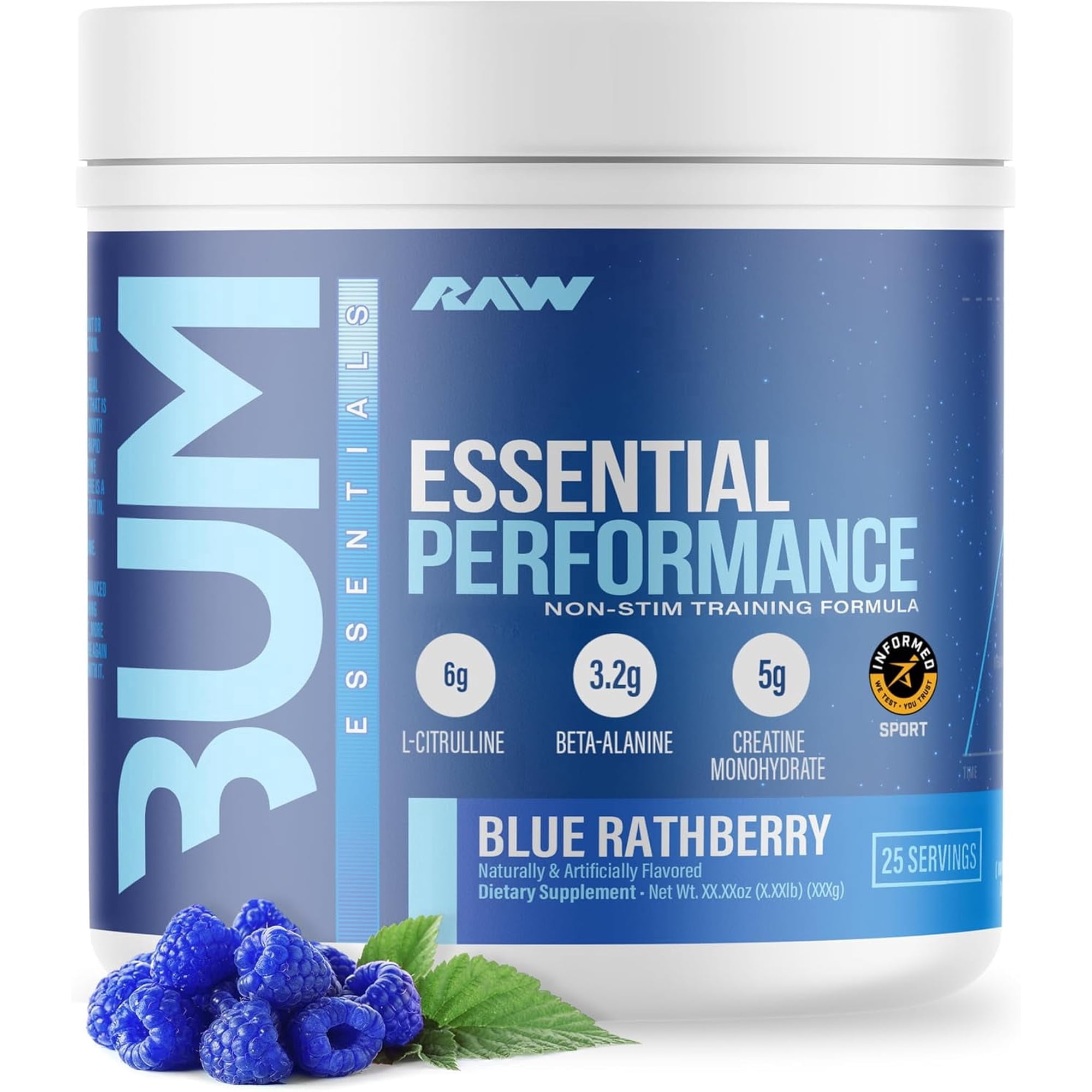 RAW Nutrition Essential Performance Non-Stim Pre-Workout, Blue Raspberry, 30 Servings
