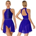 thumbnail image 2 of iiniim Women Sleeveless Glitter Rhinestone Gymnastics Ballet Leotards Halter Lyrical Dance Costume Royal Blue L, 2 of 7