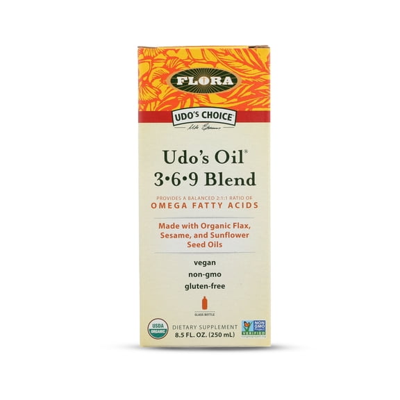 Flora - Udo's Choice Omega 369 Oil Blend, Made with Organic Flax, Sesame & Sunflower Seed Oils, Plant-Based Vegan Omega Fatty Acids, Based on Ideal 2:1:1 Ratio, 8.5-fl. oz. Glass Bottle