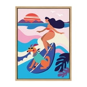 Kate and Laurel Sylvie Mid Century Modern Surf Dog Framed Canvas Wall Art by Rachel Lee of My Dream Wall, 18x24 Natural, Tropical Art for Wall