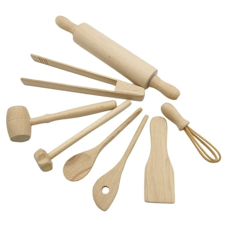 

Famure Play Kitchen Accessories Wooden Kids Cooking and Baking Play Set Kitchen Utensil 8 Pieces Kids Real Baking Tools Whisk Spatula Tongs Spoon And Slotted Spatula for Toddlers Girls Boys