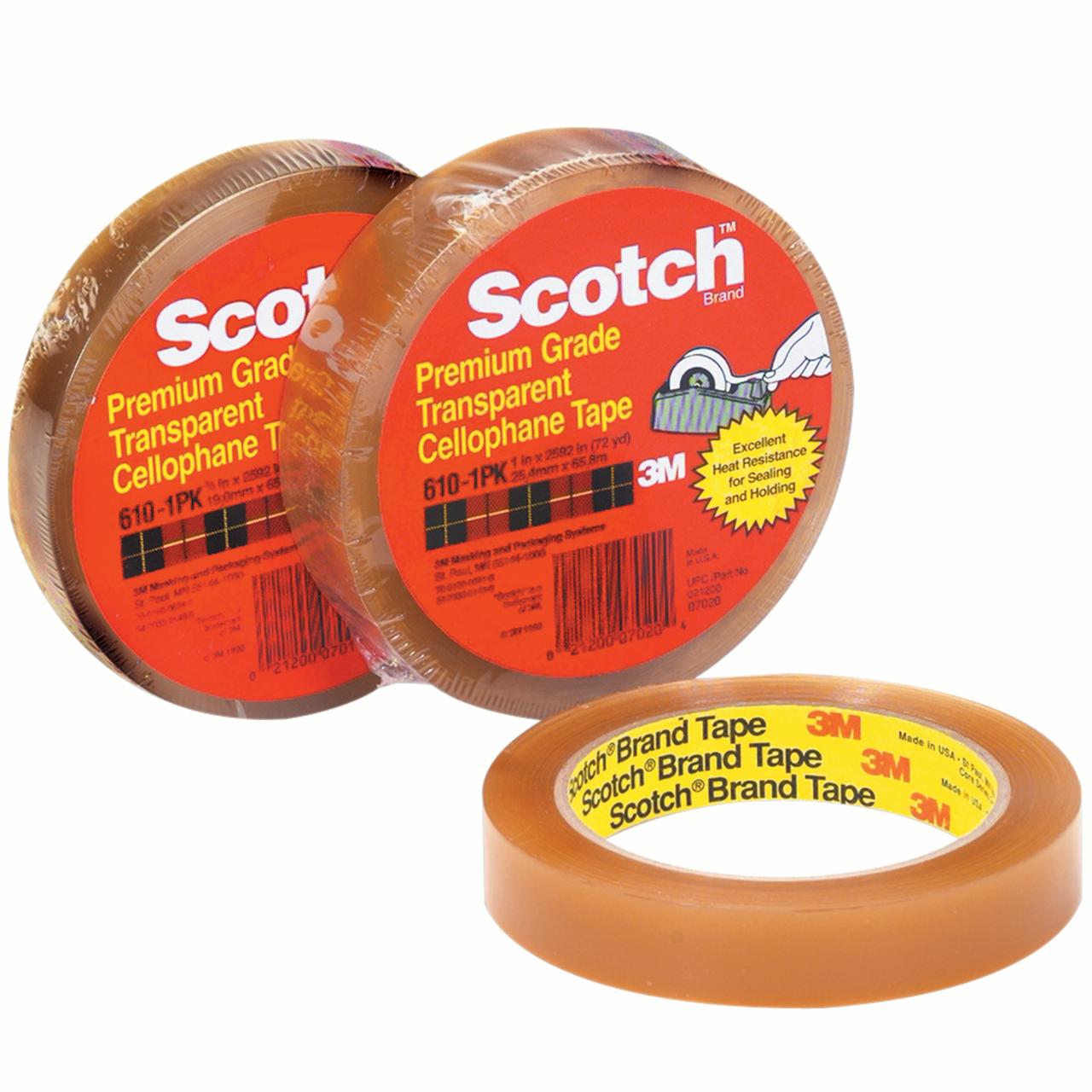 3M 610 Scotch Lightweight Packaging Cellophane Tape - Heat Resistant -  Clear - 25 mm x 66 m x 36 µm - Per box of 36 rolls