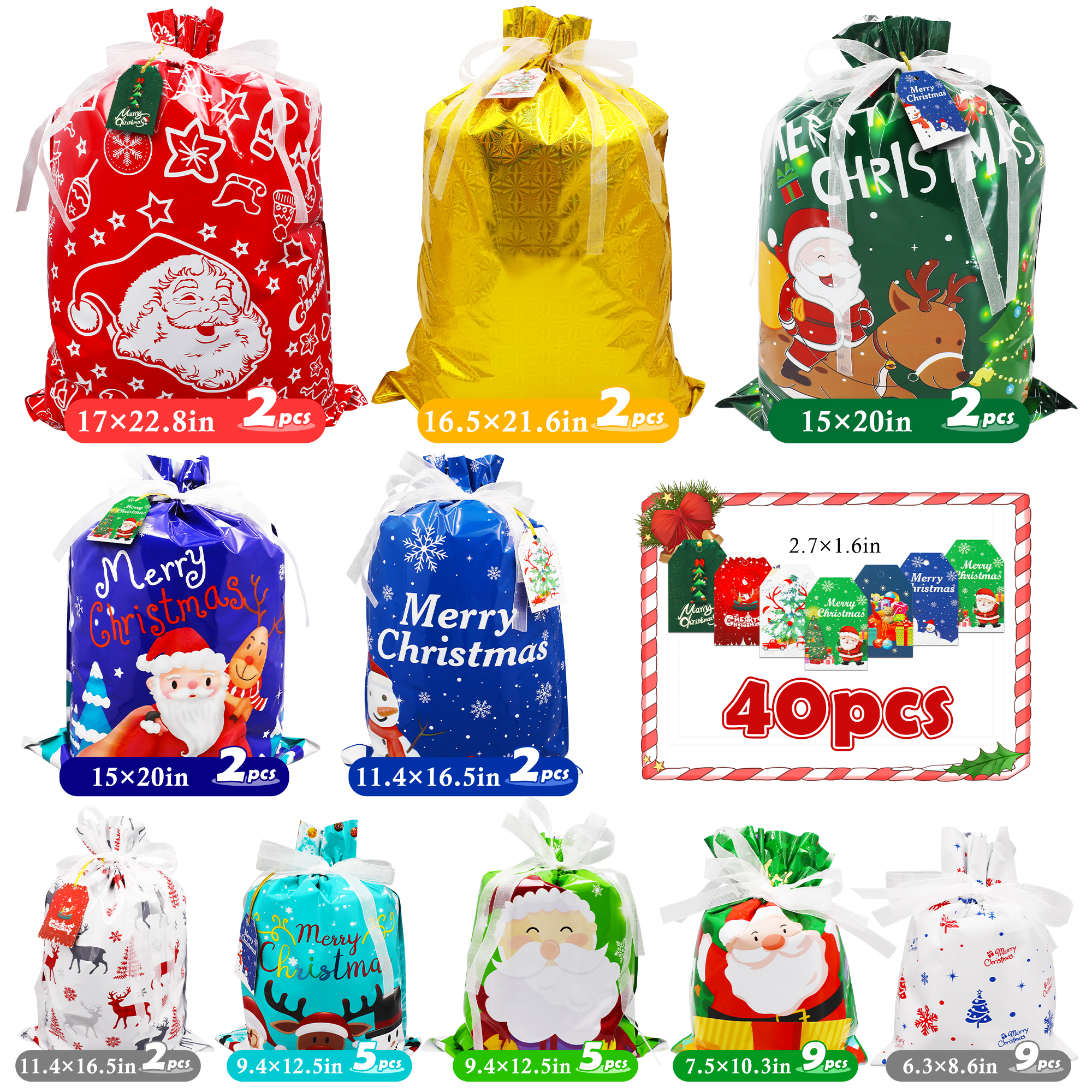 Magotan 40-Piece Christmas Drawstring Gift Bags, Assorted Sizes photo 2