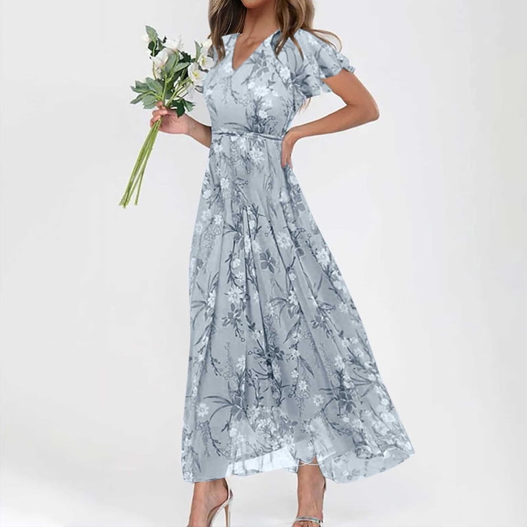 JYLPZYR Petite Summer Dresses For Women Women'S Fashionable Summer Casual  Floral V Neck Short Sleeved Long Dress Long(Gray,XXL) - Walmart.com