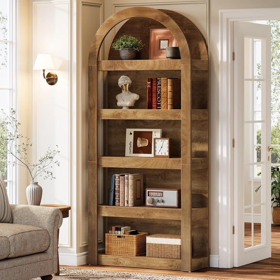 Tribesigns 5-Tier Arched Bookshelf, 71" Tall Farmhouse Bookcase Arch-Shaped Racks for Living Room, Bedroom (Light Brown)