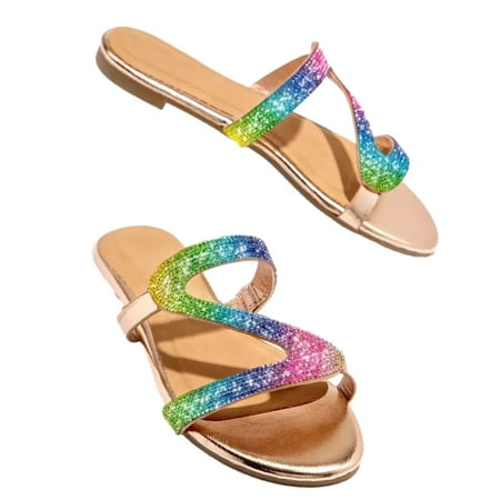 VerPetridure Platform Sandals for Women Women s Outerwear Summer Round Toe Slippers Fashion Rhinestone Beach Shoes Casual Flat Sandals