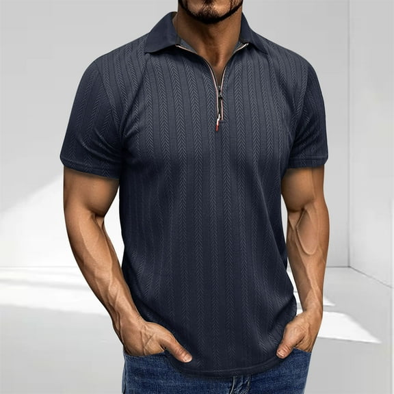 Fnnxeal Mens Polo Shirts, Short Sleeve Classic Casual Zipper Summer Dark Blue Polo Shirts for Men Size 2XL