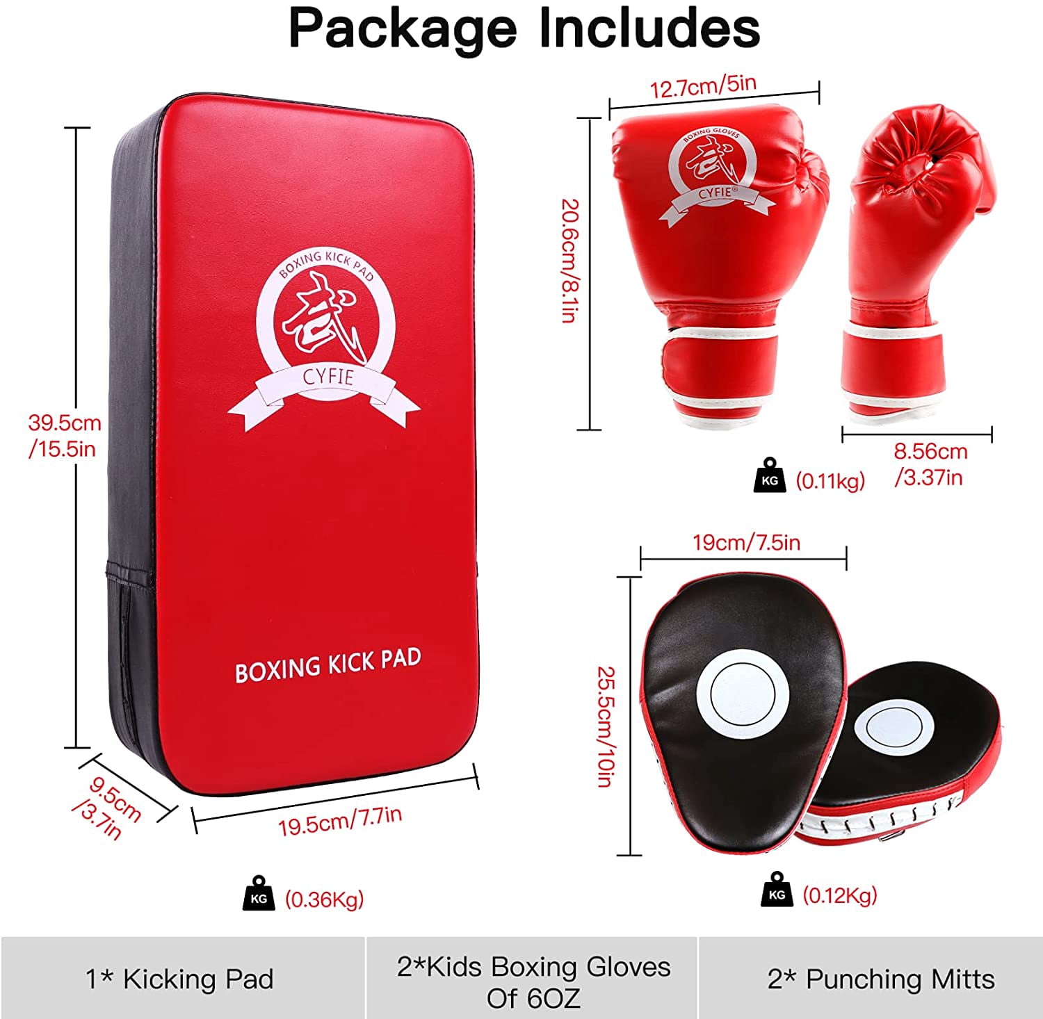 CYFIE 3-in-1 Boxing Stuff with Boxing Gloves & Taekwondo Kick Pad, Punching Mitts for Adult Youth, MMA Karate Muay Thai Training,Red