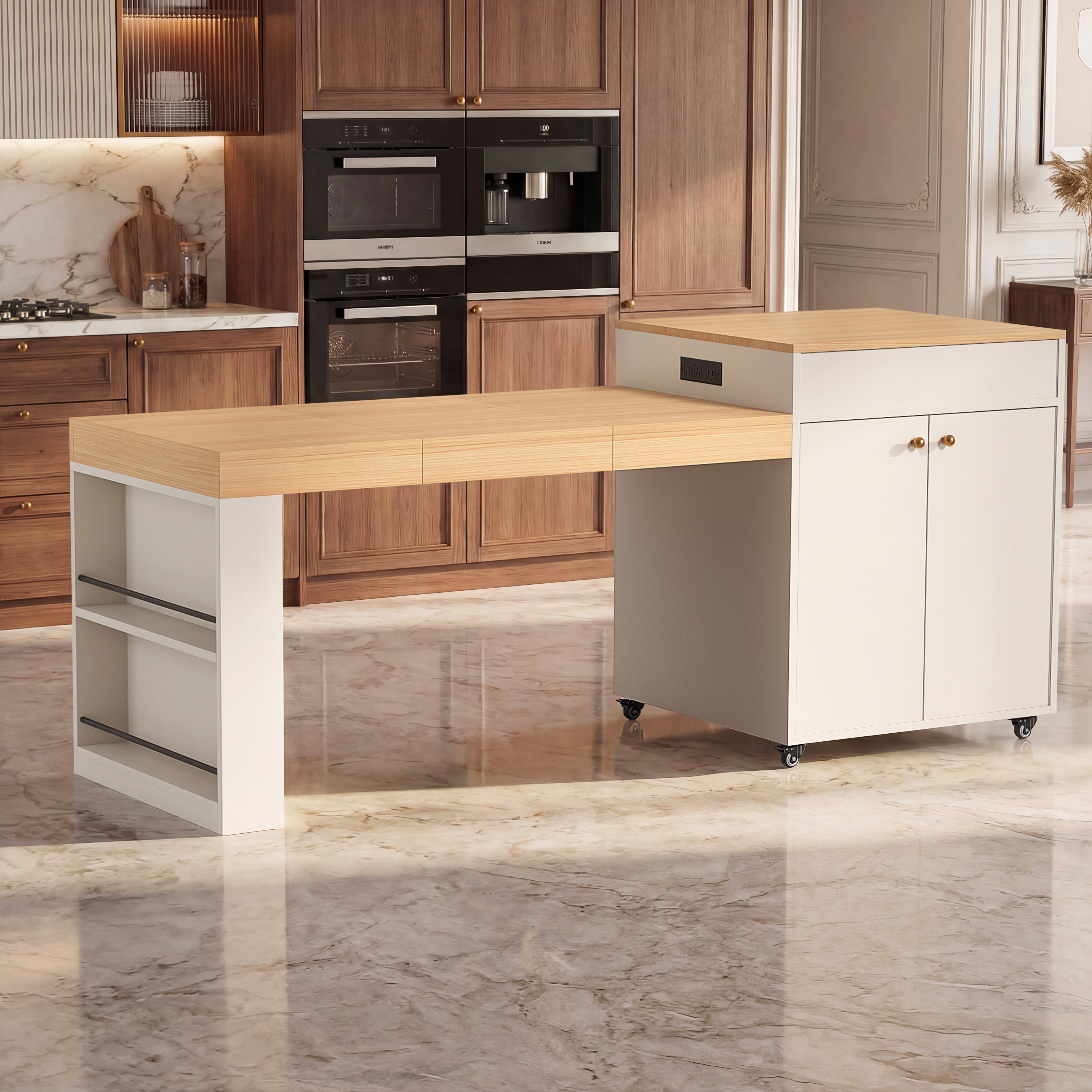 Mintazer 78.8'' Power Outlet Rolling Kitchen Island with 3-Stage Extendable Dining Table for 6-8, Kitchen Storage Cabinet with 2 Drawers and 3 Spice Rack for Pantry, Kithen, Dining Room, White