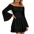 thumbnail image 2 of KICILVS Halloween Dresses for Women Plain Square Neck Flare Sleeve Dress Ruched Bust Layered Hemline Mini Party Gown Black, 2 of 8