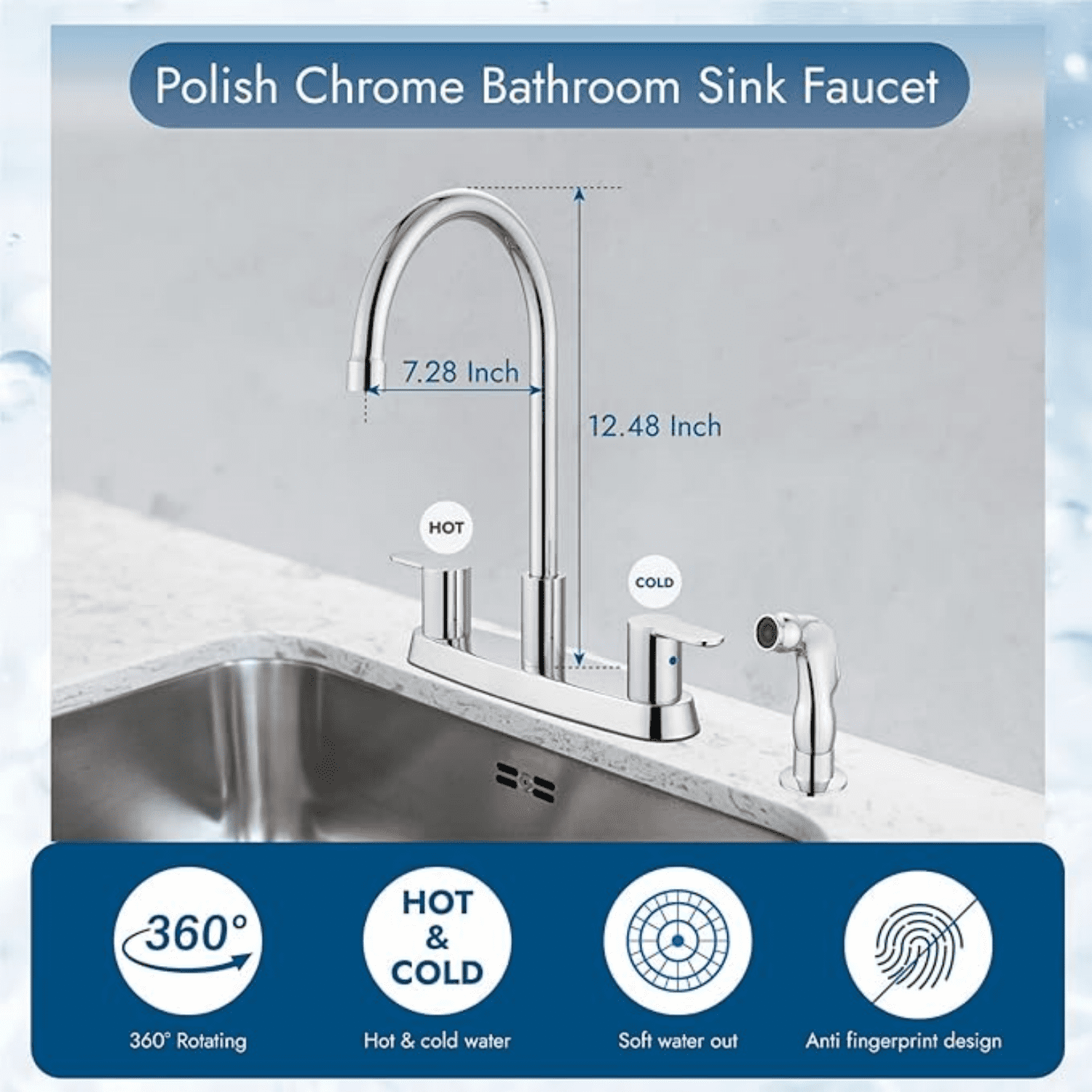 8 Inch Centerset Kitchen Faucet for Sink 3 Hole Dual Handle Kitchen Sink Faucets High Arc 360 Degree Rotating Spout with Supply Lines, Polished Chrome, with Side Sprayer