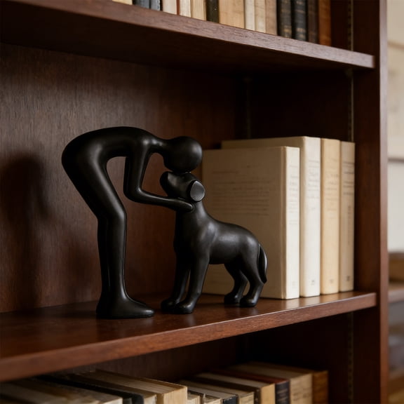 Noble Man and Dog Statue Ornament, Aesthetic Home Decoration for Pet Parents, Durable Cast Resin Dog Memorial Sculpture for Living Room Study Office, Thoughtful Gift for Dog Lovers, 5.3*6.2in, Black