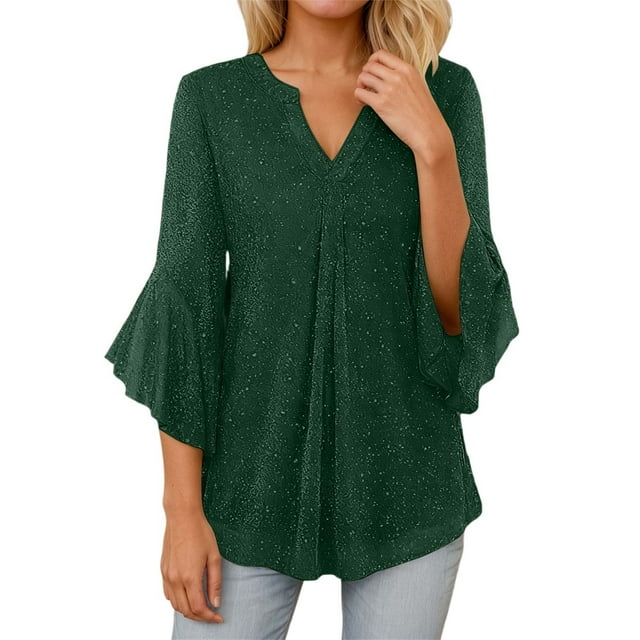 GDREDA Fashionable Loose Fit Top With Decorative Thread Mesh Yoke And Petal Design Three Quarter Sleeve Casual Blouse For Everyday Wear Comfortable Breathable T-Shirt Style Elegant Outfit Green,M