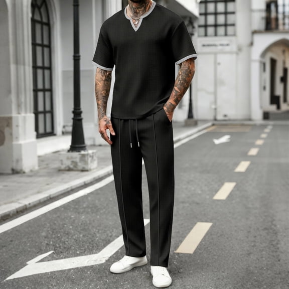 PNTUTB Summer Men's Solid-Color Suit Set Casual 2 Piece Outfitss Loose Short-Sleeve Crew-Neck Top and Elastic-Waist Drawstring Pants Two-Piece Set