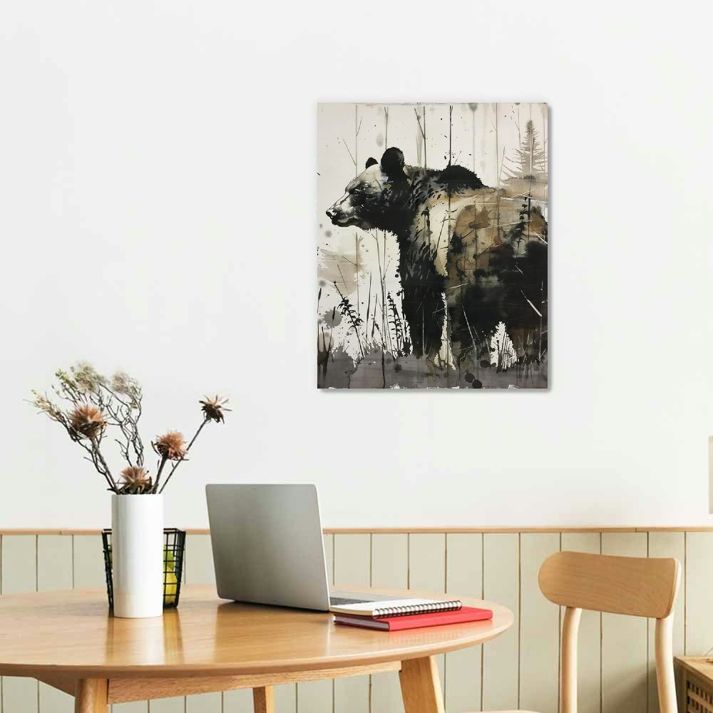 BCIIG  Rustic Wildlife Wall Art Black Bear Wall Decor Cabin Bathroom Woodland Nursery Decor Mountain Animal Canvas Pictures for Living Room Painting Bedroom Lodge Home Decorations 16''x20''